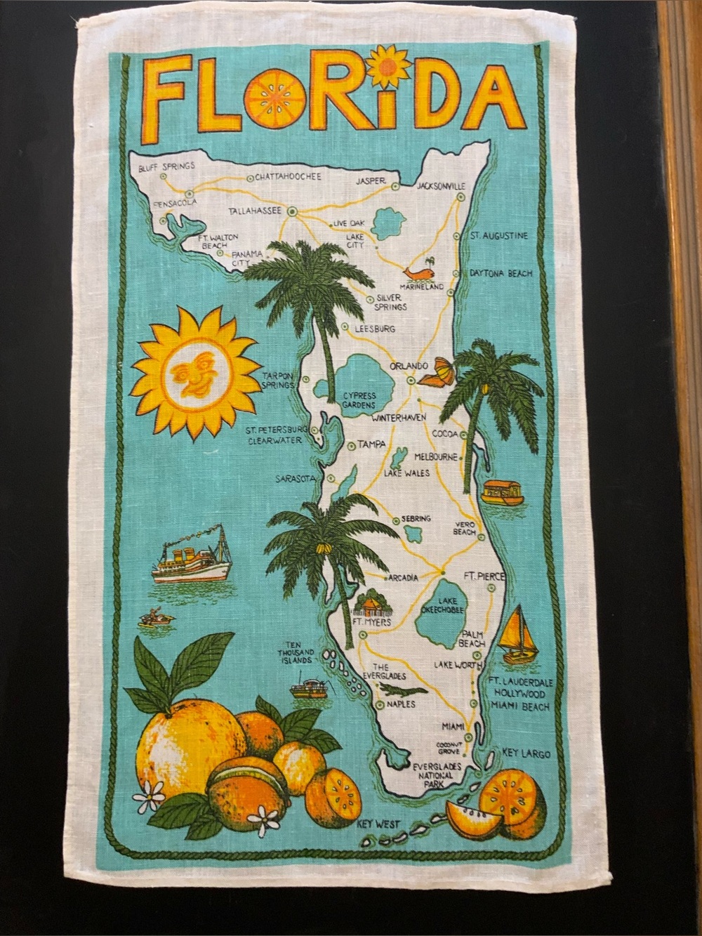 1950-60’s Florida tea towel. Pre-Disney. Rich and vibrant turquoise and orange - Picture 1 of 7